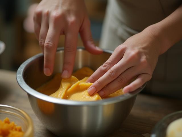 Artisan making soap in a workshop setting, focusing on hands mixing ingredients in a bowl.