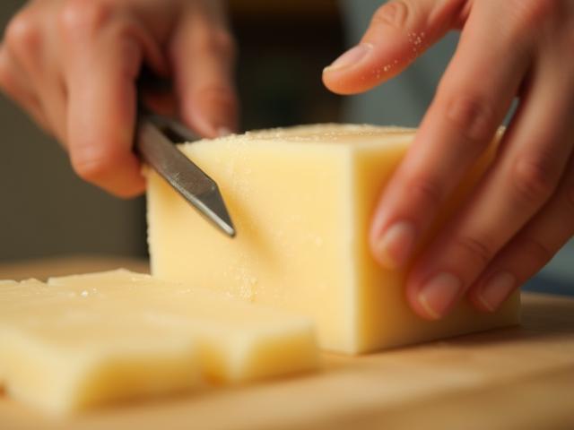 A close-up shot of hands using a wire cutter to slice a large loaf of freshly made soap.