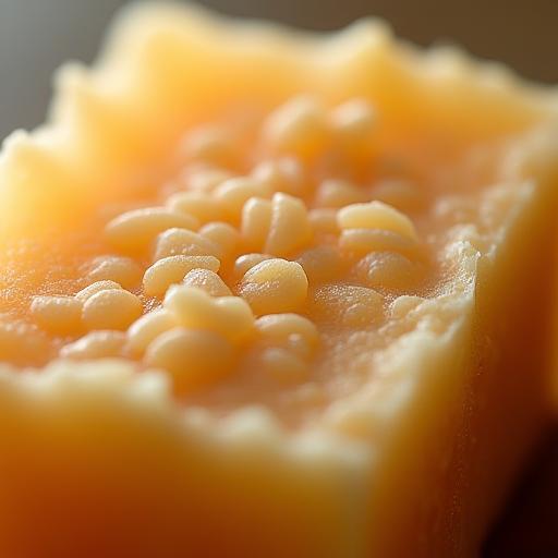 Extreme close-up of a textured natural soap bar, highlighting its rough, handmade surface.