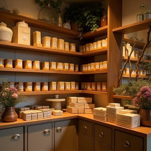 A charming corner of the retail store, featuring shelves filled with various soap products and decor.